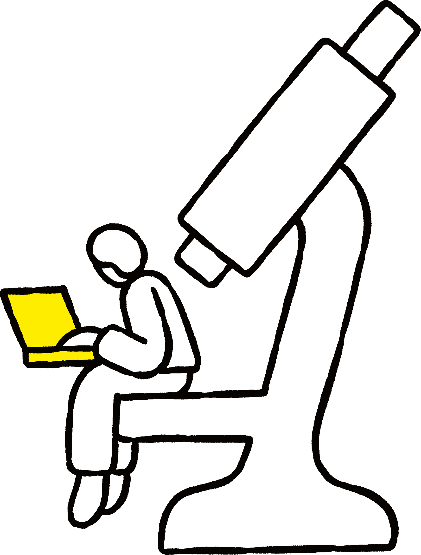 Illustration of a small figure at a laptop sitting on the base of a giant microscope, by Lennard Kok