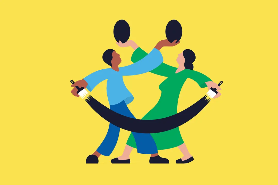 Illustration of three people painting a shared smile together
