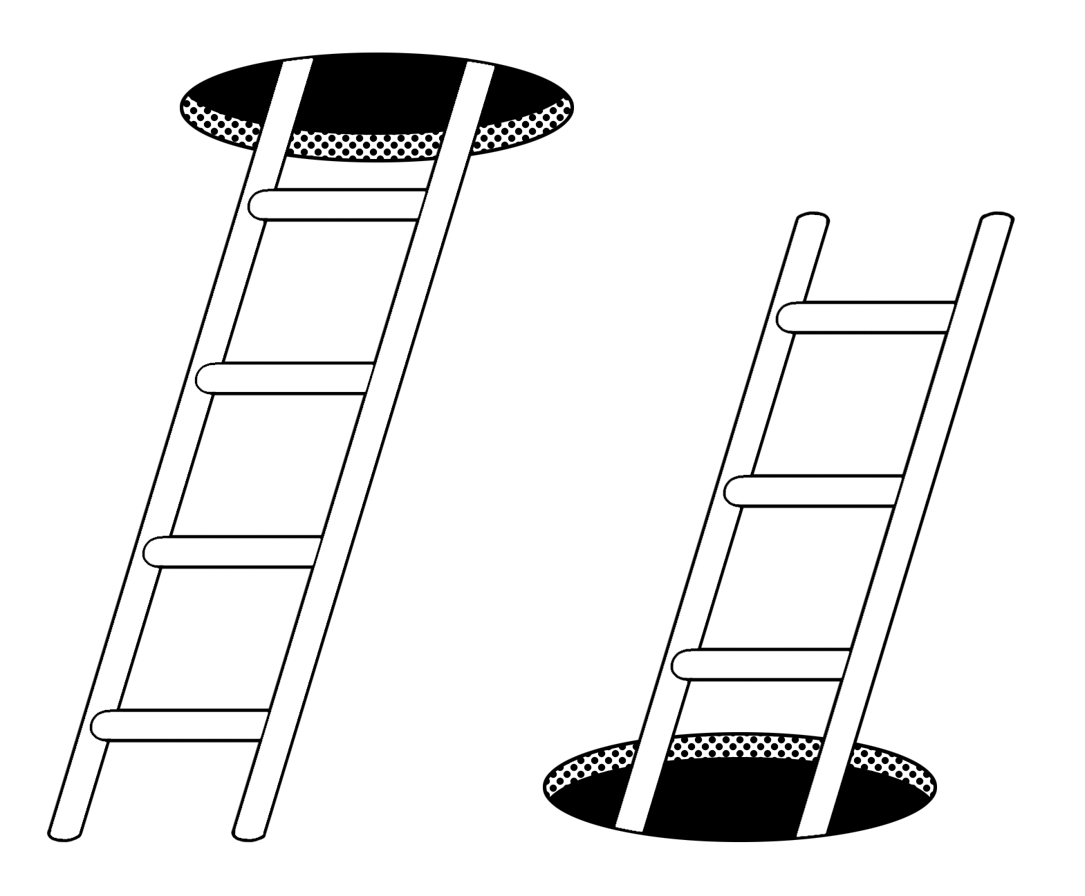Line illustration of two ladders of different heights leading into openings