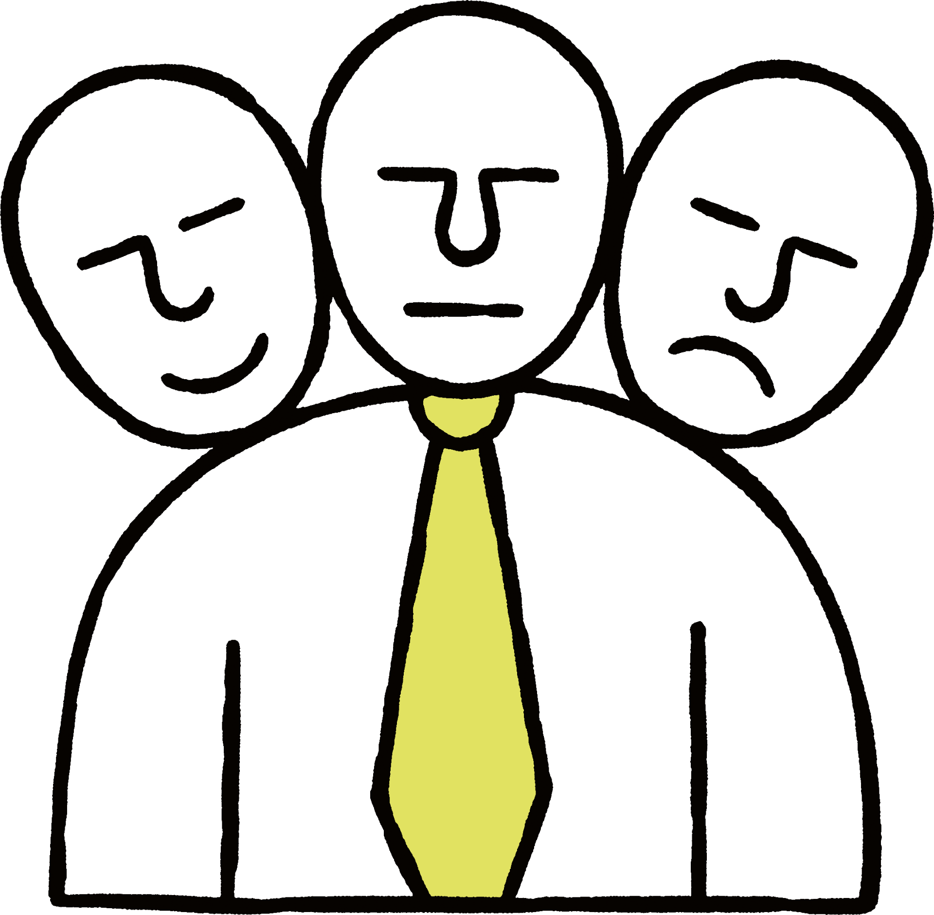 Three faces expressing different moods behind a figure in a shirt and tie — illustration by Lennard Kok