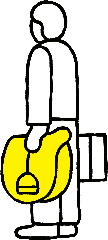 Line illustration of a figure carrying a yellow saddle and a case