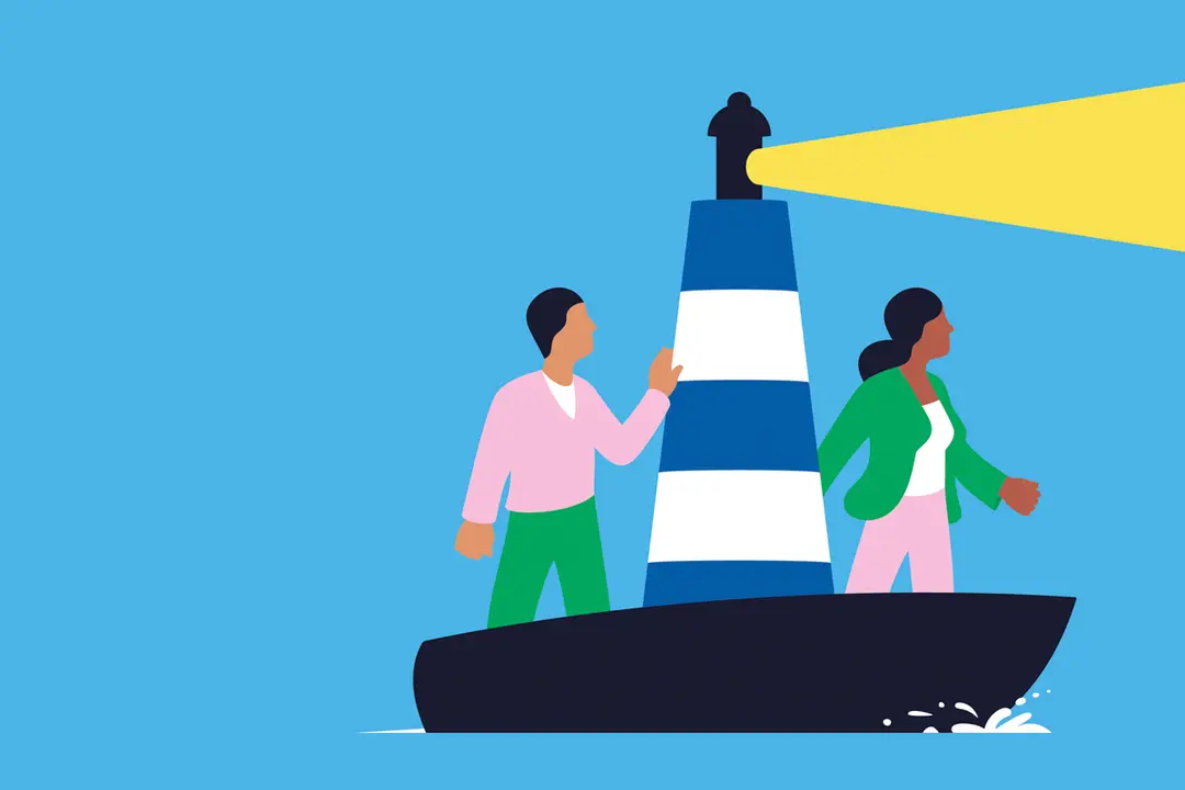 Illustration of two people on a boat with a lighthouse guiding the way