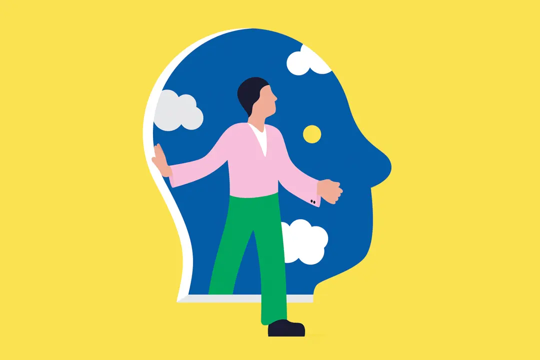 Illustration of a person walking through a mind-shaped landscape with clouds and sun