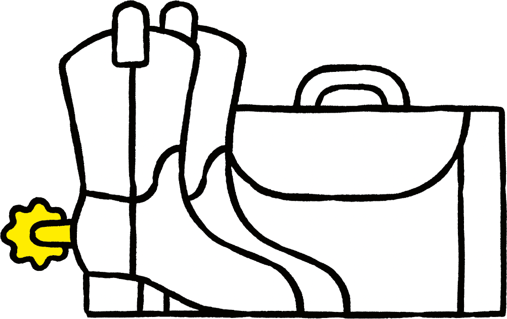 Line illustration of riding boots, a case and a yellow spur