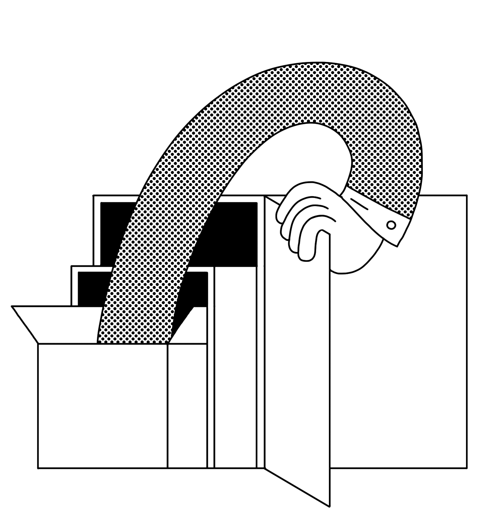 Line illustration of a hand lifting a lid from an open box