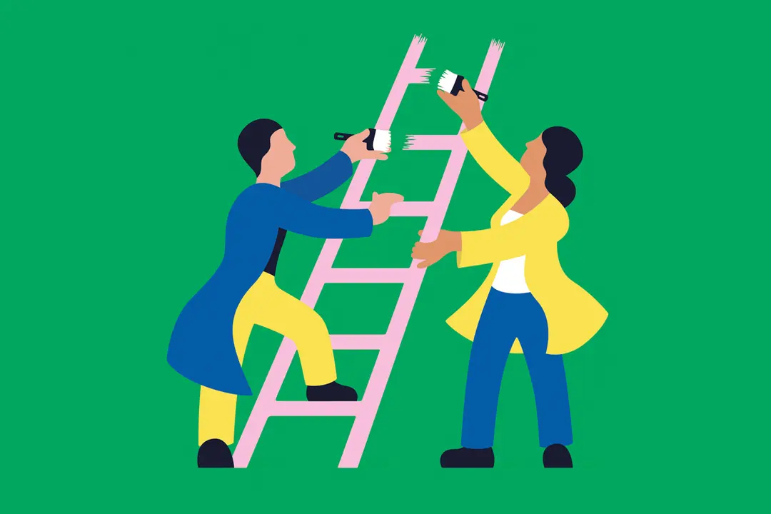Illustration of two people painting a ladder together