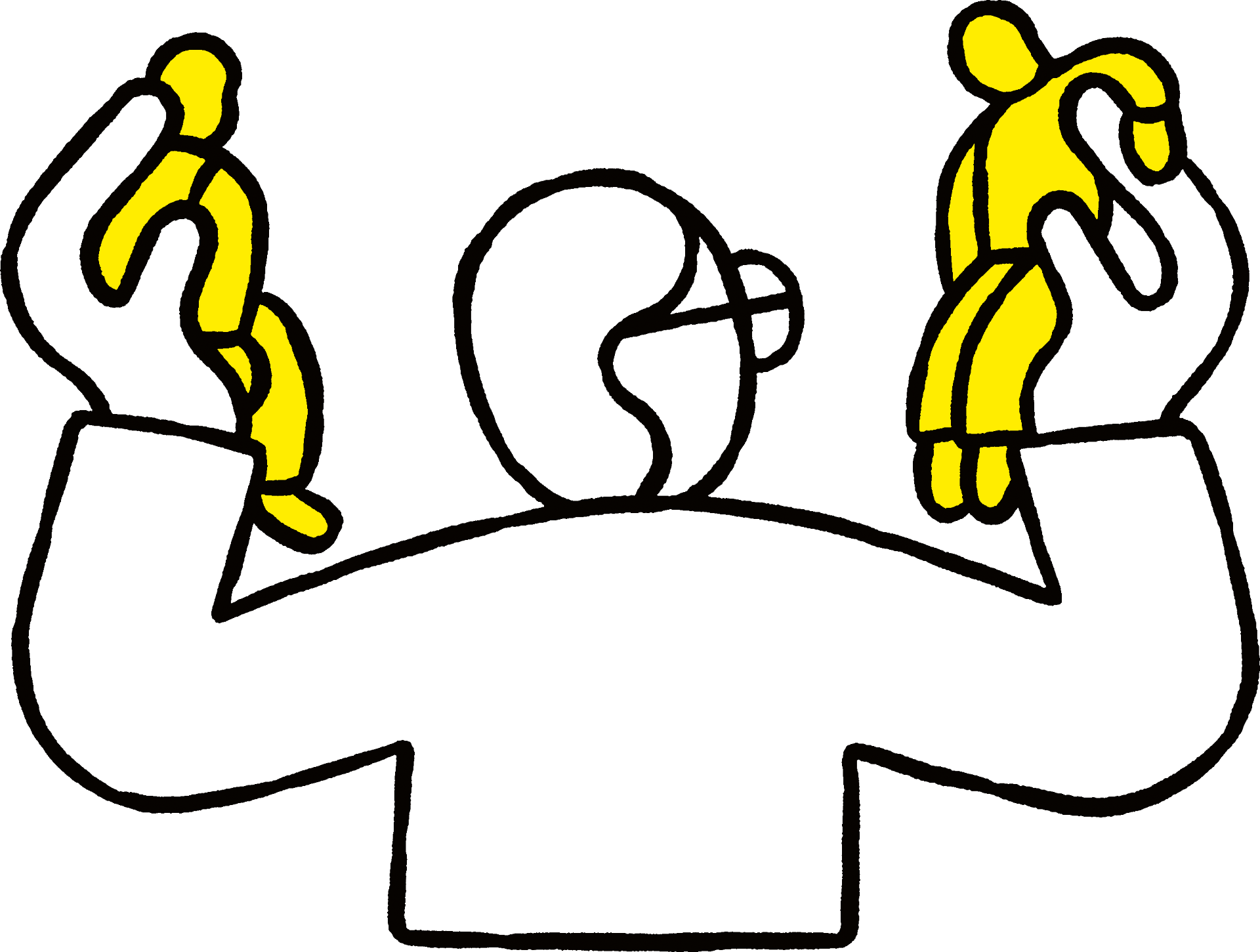 Illustration of three figures balanced on the shoulders of a larger figure, by Lennard Kok