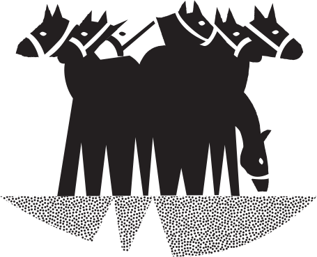 Illustration of a herd of horses standing together, heads raised and alert